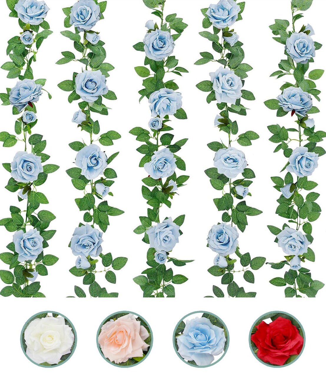 5Pcs 32.5FT Blue Rose Garland Fake Flower Vines Faux Artificial Floral Garland Hanging Rose Ivy for Wedding Arch Garden Ceremony Background Valentine's Day Outdoor Wall Decor